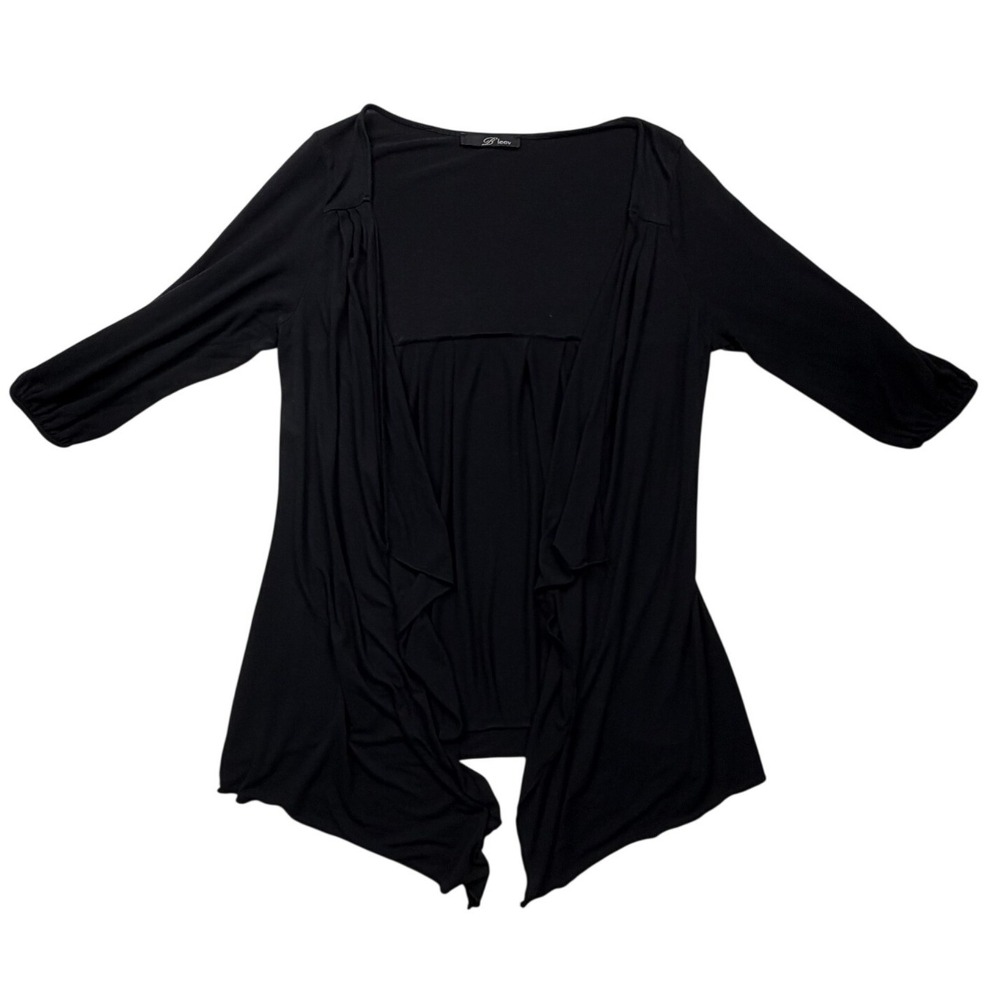B'Leev Black Waterfall Draped Sharkbite Hem Cardigan 3/4 Sleeve Medium